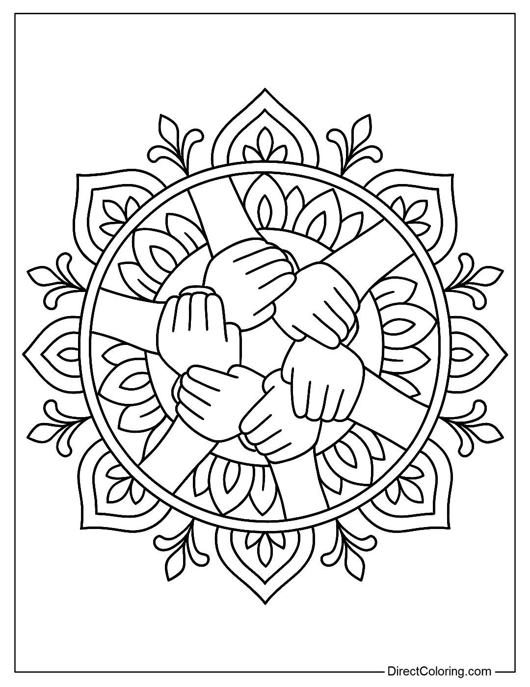 Coloring page of many hands clasped together to form a mandala symbolizing unit